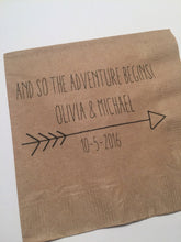 Load image into Gallery viewer, Adventure Begins Bridal Shower Wedding Arrow Personalized Kraft Cocktail or Luncheon Napkins, Set of 25