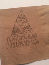 Load image into Gallery viewer, Adventure Begins Greatest Adventure Baby Shower Personalized Arrow Mountain Kraft Cocktail or Luncheon Napkins, Set of 25