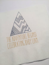 Load image into Gallery viewer, Adventure Begins Greatest Adventure Baby Shower Personalized Arrow Mountain Navy Gold Cocktail, Luncheon or Dinner Napkins Set of 25