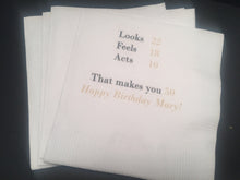 Load image into Gallery viewer, 50th Birthday Fiftieth Birthday Party Black Gold Personalized Cocktail, Luncheon or Dinner Napkins Set of 25