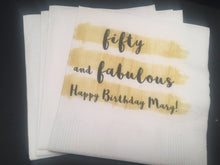 Load image into Gallery viewer, 50 and Fabulous Fifty Birthday Fiftied Birthday Party Personalized Gold Black Cocktail or Luncheon Napkins