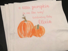 Load image into Gallery viewer, A Little Pumpkin Is On It's Way Fall Baby Shower Personalized Cocktail, Luncheon or Dinner Napkins Set of 25