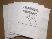Load image into Gallery viewer, Adventure Begins New Adventure Personalized Baby Shower Mountain Cocktail, Luncheon or Dinner Napkins Set of 25
