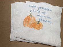 Load image into Gallery viewer, A Little Pumpkin Is On It's Way Fall Boy Baby Shower Personalized Cocktail, Luncheon or Dinner Napkins Set of 25
