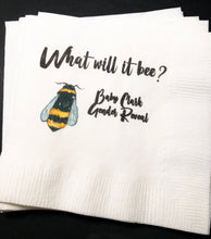 Load image into Gallery viewer, Bee Gender Reveal What Will it Bee Personalized Bee Honey Themed Baby Shower Cocktail, Luncheon or Dinner Napkins Set of 25