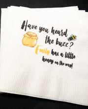 Load image into Gallery viewer, Bee Baby Shower Have you Heard the Buzz A Little Honey on the Way Personalized Cocktail, Luncheon or Dinner Napkins Set of 25