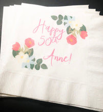 Load image into Gallery viewer, 50th Birthday Boho Chic Floral Shabby Chic First Birthday Bohemian Wild One Floral Personalized Cocktail or Luncheon Napkins, Set of 25