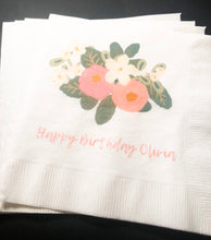 Load image into Gallery viewer, Boho Chic Floral Sweet Shabby Chic First Birthday Bohemian Wild One Floral Personalized Cocktail, Luncheon or Dinner Napkins Set of 25