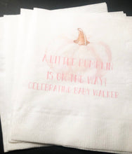 Load image into Gallery viewer, A Little Pumpkin Is On It's Way Girl Fall Baby Shower Pink Pumpkin Personalized Cocktail, Luncheon or Dinner Napkins Set of 25