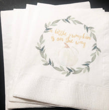 Load image into Gallery viewer, A Little Pumpkin Is On It's Way Fall Baby Shower Gender Neutral White Pumpkin Gold Cocktail, Luncheon or Dinner Napkins Set of 25