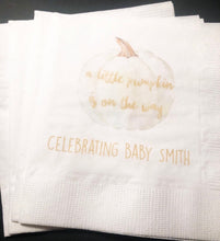 Load image into Gallery viewer, A Little Pumpkin Is On It's Way Fall Baby Shower Gender Neutral White Pumpkin Gold Personalized Cocktail or Luncheon Napkins, Set of 25