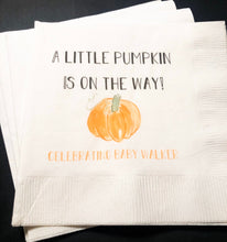 Load image into Gallery viewer, A Little Pumpkin Is On It's Way Fall Baby Shower Gender Neutral Personalized Cocktail, Luncheon or Dinner Napkins Set of 25