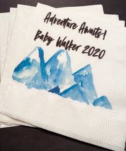 Load image into Gallery viewer, Adventure Awaits Trees Mountain Baby Shower Adventure Begins Personalized Cocktail, Luncheon or Dinner Napkins Set of 25