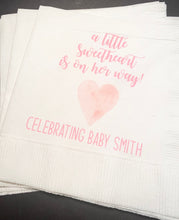 Load image into Gallery viewer, A Little Sweetheart is on Her Way Baby Shower Heart Valentines Girl Baby Shower Personalized Cocktail, Luncheon or Dinner napkins Set of 25