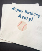Load image into Gallery viewer, Baseball Birthday Party MVP Birthday Baseball theme Personalized Cocktail, Luncheon or Dinner Napkins Set of 25