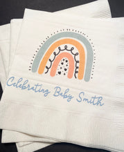 Load image into Gallery viewer, Boho Rainbow Baby Shower Modern Bohemian Neutral Personalized Cocktail, Luncheon or Dinner Napkins Set of 25
