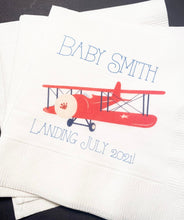 Load image into Gallery viewer, Airplane Baby Shower Baby Landing Personalized Cocktail, Luncheon or Dinner Napkins Set of 25