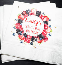 Load image into Gallery viewer, Berry First Birthday Summer Birthday Party Strawberry Blueberry Raspberry Personalized Cocktail, Luncheon or Dinner Napkins Set of 25
