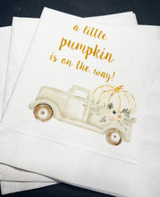 Load image into Gallery viewer, A Little Pumpkin Is On It's Way White Truck Fall Gender Neutral Baby Shower Pumpkin Autumn Baby Cocktail or Luncheon Napkins, Set of 25