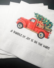 Load image into Gallery viewer, Bundle of Joy is on the Way Red Truck Winter Christmas Tree December Baby Shower Cocktail, Luncheon or Dinner Napkins Set of 25