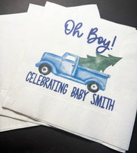 Load image into Gallery viewer, Blue Truck Baby Shower Oh Boy Fall Winter Christmas Baby Shower Personalized Cocktail or Luncheon Napkins, Set of 25