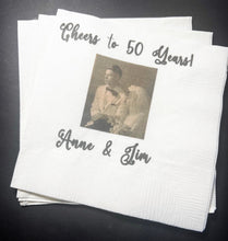 Load image into Gallery viewer, 50th Anniversary Cheers to 50 Years Wedding Anniversary Picture Personalized Party Cocktail, Luncheon or Dinner Napkins Set of 25