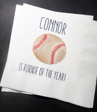 Load image into Gallery viewer, Baseball 1st Birthday Party Rookie of the Year Baseball theme birthday Personalized Cocktail, Luncheon or Dinner Napkins Set of 25