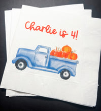Load image into Gallery viewer, Blue Truck Pumpkin Fall Boy Birthday Pumpkin Autumn Birthday Party Personalized Cocktail or Luncheon Napkins, Set of 25