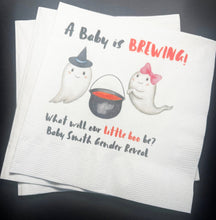 Load image into Gallery viewer, Baby is Brewing What Will Our Little Boo Be Halloween Personalized Gender Reveal Cocktail, Luncheon or Dinner Napkins Set of 25