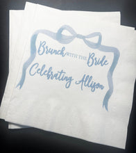 Load image into Gallery viewer, Blue Bow Bridal Shower Brunch with the Bride Personalized Cocktail, Luncheon or Dinner Napkins Set of 25
