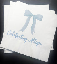 Load image into Gallery viewer, Blue Bow Bridal Shower Bride to Be Personalized Cocktail, Luncheon or Dinner Napkins Set of 25