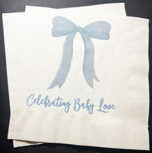 Load image into Gallery viewer, Blue Bow Baby Shower It’s a Boy Blue Boy Baby Shower Personalized Cocktail, Luncheon or Dinner Napkins Set of 25