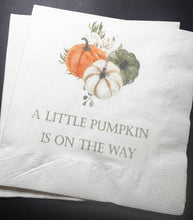 Load image into Gallery viewer, A Little Pumpkin Is On It's Way Fall Baby Shower Gender Neutral Pumpkin Gold Cocktail, Luncheon or Dinner Napkins Set of 25