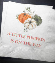 Load image into Gallery viewer, A Little Pumpkin Is On It's Way Fall Baby Shower Gender Neutral Pumpkin Gold Cocktail, Luncheon or Dinner Napkins Set of 25