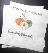Load image into Gallery viewer, A Little Pumpkin Is On It's Way Fall Baby Shower Gender Neutral Pumpkin Gold Personalized Cocktail, Luncheon or Dinner Napkins Set of 25