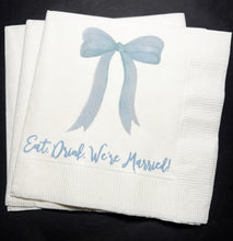 Load image into Gallery viewer, Blue Bow Eat Drink We're Married Wedding Bridal Shower Cocktail, Luncheon or Dinner Napkins Set of 25