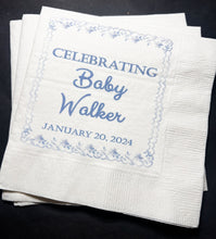 Load image into Gallery viewer, Blue Bow Baby Shower Chinoiserie Grandmillenial Coastal Baby Shower Personalized Cocktail, Luncheon or Dinner Napkins Set of 25
