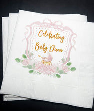 Load image into Gallery viewer, Baby Carriage Watercolor Crest Pink Bow Baby Shower Personalized Cocktail, Luncheon or Dinner Napkins Set of 25