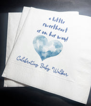 Load image into Gallery viewer, A Little Sweetheart is on His Way Baby Shower Heart Valentines Boy Baby Shower Personalized Cocktail, Luncheon or Dinner Napkins Set of 25
