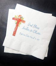 Load image into Gallery viewer, Baptism Christening Twins God Bless Celebration Party Personalized Cocktail, Luncheon or Dinner Napkins Set of 25