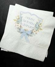 Load image into Gallery viewer, Boy Birthday Watercolor Crest Monogram Blue Bow Baby Shower Personalized Cocktail, Luncheon or Dinner Napkins Set of 25