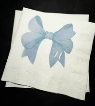 Load image into Gallery viewer, Blue Bow Bridal Shower Baby Shower Birthday Blue Bow Monogram Personalized Cocktail, Luncheon or Dinner Napkins Set of 25