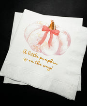 Load image into Gallery viewer, A Little Pumpkin Is On It's Way Pink Pumpkin Pink Bow Girl Fall Baby Shower Pink Pumpkin Gold Cocktail, Luncheon or Dinner Napkins Set of 25