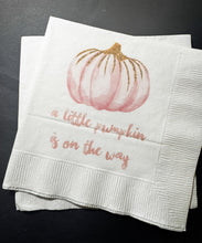 Load image into Gallery viewer, A Little Pumpkin Is On It's Way Fall Baby Shower Pumpkin Autumn Baby Cocktail, Luncheon or Dinner Napkins Set of 25