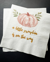 Load image into Gallery viewer, A Little Pumpkin Is On It's Way Fall Baby Shower Pumpkin Autumn Baby Cocktail, Luncheon or Dinner Napkins Set of 25