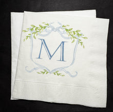 Load image into Gallery viewer, Blue Bow Monogram Boy Birthday Baby Shower Preppy Crest Monogram Baby Shower Personalized Cocktail, Luncheon or Dinner Napkins Set of 25