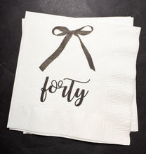 Load image into Gallery viewer, 40th Birthday Black Bow Birthday Black 40th Coquette Hello Forty Theme Fancy Party Whimsical Cocktail, Luncheon or Dinner Napkins Set of 25