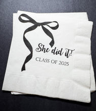 Load image into Gallery viewer, Black Bow Graduation Party Class of 2025 She Did It Graduation Party Cocktail, Luncheon or Dinner Napkins Set of 25