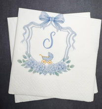 Load image into Gallery viewer, Baby Carriage Boy Blue Carriage Crest Monogram Blue Bow Boy Baby Shower Personalized Cocktail, Luncheon or Dinner Napkins Set of 25