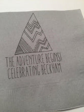 Load image into Gallery viewer, Adventure Begins Greatest Adventure Mountain Baby Shower Personalized Gray Cocktail, Luncheon or Dinner Napkins Set of 25